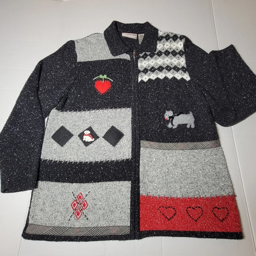 TanJay‎ Patchwork Scotty Dog Zipper Cardigan Sweater Medium Black Gray Red Heart